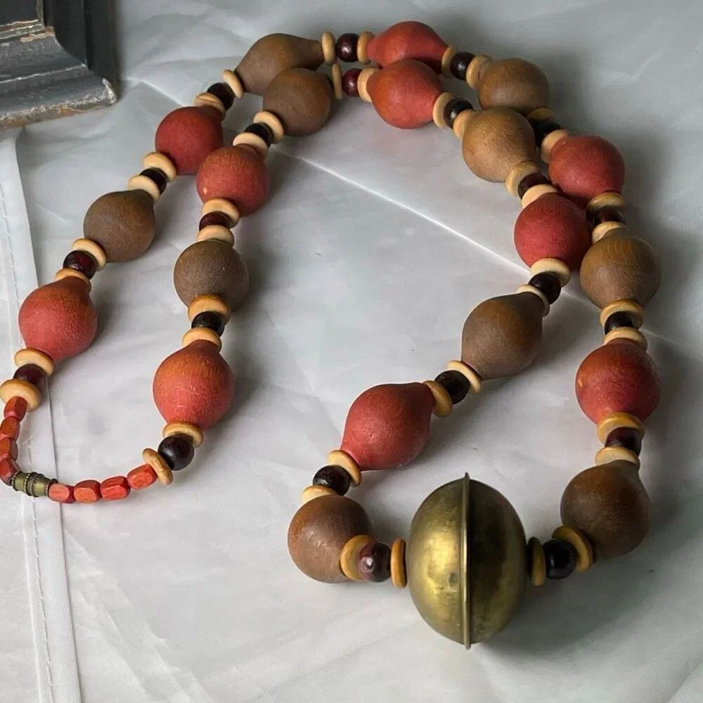 Vintage Tribal handmade wooden bone brass boho festival necklace